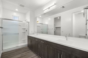 a bathroom with a sink and a shower and a mirror